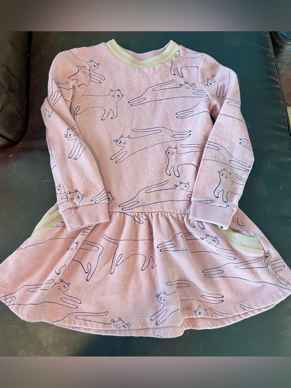Mini Boden Pink Cat-Print Long Sleeve Sweatshirt Dress with Gold Shimmer Trim